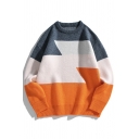 Unique Men's Sweater Color Block Round Neck Long Sleeve Loose Fitted Pullover Sweater
