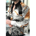 Fancy Guy's Shirt Color-blocking Turn-down Collar Long Sleeves Slim Fitted Button Fly Shirt