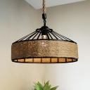 Industrial Style Caged Pendant Light Natural Rope 1 Light Hanging Lamp in Black