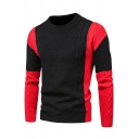 Warm Sweater Contrast Color Crew Neck Rib Cuffs Long-Sleeved Slim Fit Sweater for Men