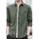 Casual Shirt Plain Pocket Turn-down Collar Long-Sleeved Relaxed Button Down Shirt for Guys
