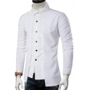 Decent Shirt Plain Faux Double Layered Button Up Turn-Down Collar Slim Long Sleeve Shirt for Men
