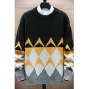 Creative Guys Sweater Geometric Print Long-sleeved Round Neck Regular Fit Rib Cuffs Pullover Sweater