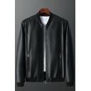 Classic Leather Jacket Solid Color Side Pocket Zip Fly Long Sleeve Regular Fit Leather Jacket for Men