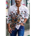 Edgy Shirt Dragonfly Pattern Stand Collar Fitted Long Sleeves Button Down Shirt for Men