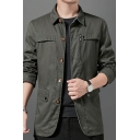Guys Fancy Coat Pure Color Turn-down Long-Sleeved Relaxed Button Down Trench Coat