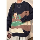 Creative Men's Sweater Cartoon Pattern Round Neck Long-Sleeved Loose Fit Sweater