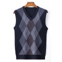 Dashing Mens Vest Rhombus Printed Sleeveless V-Neck Regular Fit Sweater Vest
