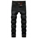 Leisure Denim Jeans Solid Color Side Pocket Zip Fly Full Length Slim Fit Jeans for Men