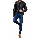 Basic Mens Leather Jacket Pure Color Stand Collar Long Sleeves Pocket Detail Zip Placket Leather Jacket