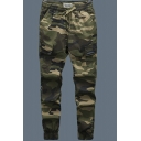 Men Retro Pants Camo Print Elasticated Waist with Drawcord Pocket Designed Fitted Cargo Pants