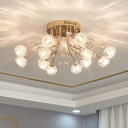 Ribbed Glass Flower Semi Flush Chandelier Contemporary Hotel Ceiling Mount Light in Gold