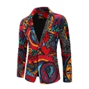Tribal Mens Jacket Suit Printed Long-Sleeved Single Button Slim Fitted Suit with Pocket