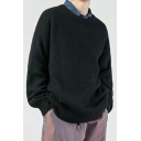 Cozy Sweater Whole Colored Ribbed Trim Round Neck Baggy Long Sleeves Sweater for Guys