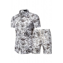 Dashing Co-ords All Over Print Short Sleeve Turn-down Collar Tee Shirt with Shorts Skinny Set for Men