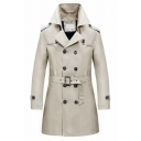 Guys Retro Plain Trench Coat Epaulette Notched Collar Double Breasted Lace Up Fitted Trench Coat