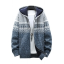 Unique Cardigan Geometric Printed Baggy Long-Sleeved Hooded Zip Placket Cardigan for Boys