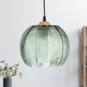 Modern Style Pumpkin Shape Hanging Light 1 Bulb Ribbed Glass Dining Room Ceiling Light in Green