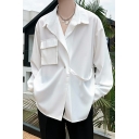 Chic Men's Shirt Solid Color Spread Collar Chest Pocket Button Up Long Sleeve Loose Fit Shirt
