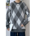 Leisure Men's Sweater Rhombus Pattern Round Neck Long-Sleeved Loose Fitted Pullover Sweater