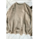 Unique Men's Pullover Pure Color Crew Neck Long-sleeved Ripped Baggy Pullover