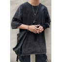 Fancy Mens Tee Pure Color Distressed Design Half Sleeves Round Neck Loose Fit T-Shirt