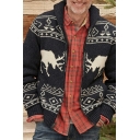 Mens Casual Cardigan Sweater Animal Printed Long Sleeves Stand Collar Button Closure Regular Fit Cardigan Sweater