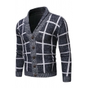 Fancy Men's Cardigan Plaid Patterned V-Neck Button-up Long Sleeve Cardigan