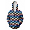 Stylish Checker Pattern Mens Hoodie Zip Fly Pocket Detail Long Sleeves Oversized Hooded Sweatshirt