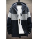 Men's Leisure Cardigan Contrast Color Drawstring Hooded Long-sleeved Loose Fitted Cardigan
