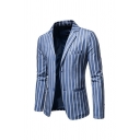 Guys Chic Suit Stripe Patterned Button Lapel Collar Long Sleeve Fitted Tuxedo Suit Blazer