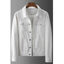 Guys Chic Solid Color Jacket Single Breasted Spread Collar Chest Pockets Regular Fit Denim Jacket