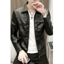 Simple Guys Jacket Pure Color Pocket Designed Spread Collar Long-Sleeved Relaxed Zip Fly Leather Jacket