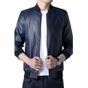 Leisure Men Jacket Solid Pocket Stand Collar Long Sleeve Relaxed Fit Zip Fly Leather Jacket