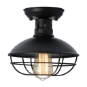 Barn Wrought Iron Semi Flush Light Rustic Style 1 Bulb Black Ceiling Mounted Light with Wire Frame