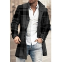 Street Style Mens Pea Coat Plaid Pattern Long Sleeves Single Breast Lapel Collar Fitted Pea Coat