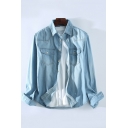 Chic Guys Shirt Spread Collar Button Closure Chest Pocket Relaxed Fit Long Sleeve Denim Shirt