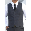 Business Vest Solid Color Pocket Decorated Button Up V-Neck Slim Sleeveless Vest for Men