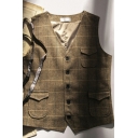 Lightweight Men's Suit Vest Plaid Print Button Up V-Neck Sleeveless Slim Fit Suit Vest