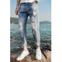 Popular Mens Jeans Solid Color Knee Broken Hole Zip Detail Mid Rise Skinny-Fit Long Length Jeans with Pockets
