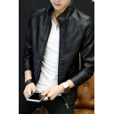 Retro Men Coat Plain Side Pocket Stand Collar Long Sleeves Regular Fit Zip Down Leather Jacket