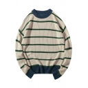 Stylish Sweater Contrast Stripe Print Round Neck Baggy Long Sleeve Pullover Sweater for Men