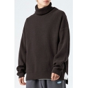 Comfy Mens Sweater Pure Color Side Split High Neck Baggy Long Sleeve Pullover Sweater