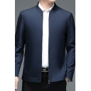 Simple Plain Mens Jacket Zip Closure Pockets Detail Stand Collar Regular Fit Jacket