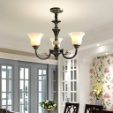 3-Head Suspension Light Bell Shape Glass Country Living Room Ceramics Chandelier in Black-Gold