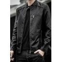 Hot Jacket Pure Color Long Sleeves Stand Collar Regular Fit Zipper Leather Jacket for Guys