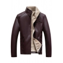 Boy's Basic Jacket Solid Chest Pocket Stand Collar Long-sleeved Regular Zip Fly Leather Jacket
