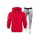Fancy Set Pure Color Drawcord Long Sleeve Hooded Hoodie with Pants Slim Fit Co-ords for Men