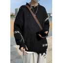 Fashionable Men's Sweater Plain Long Sleeve Distressed Design Round Neck Loose Fit Sweater