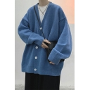 Hip-hop Cardigan Solid V-Neck Long Sleeve Button Placket Oversized Cardigan for Guys